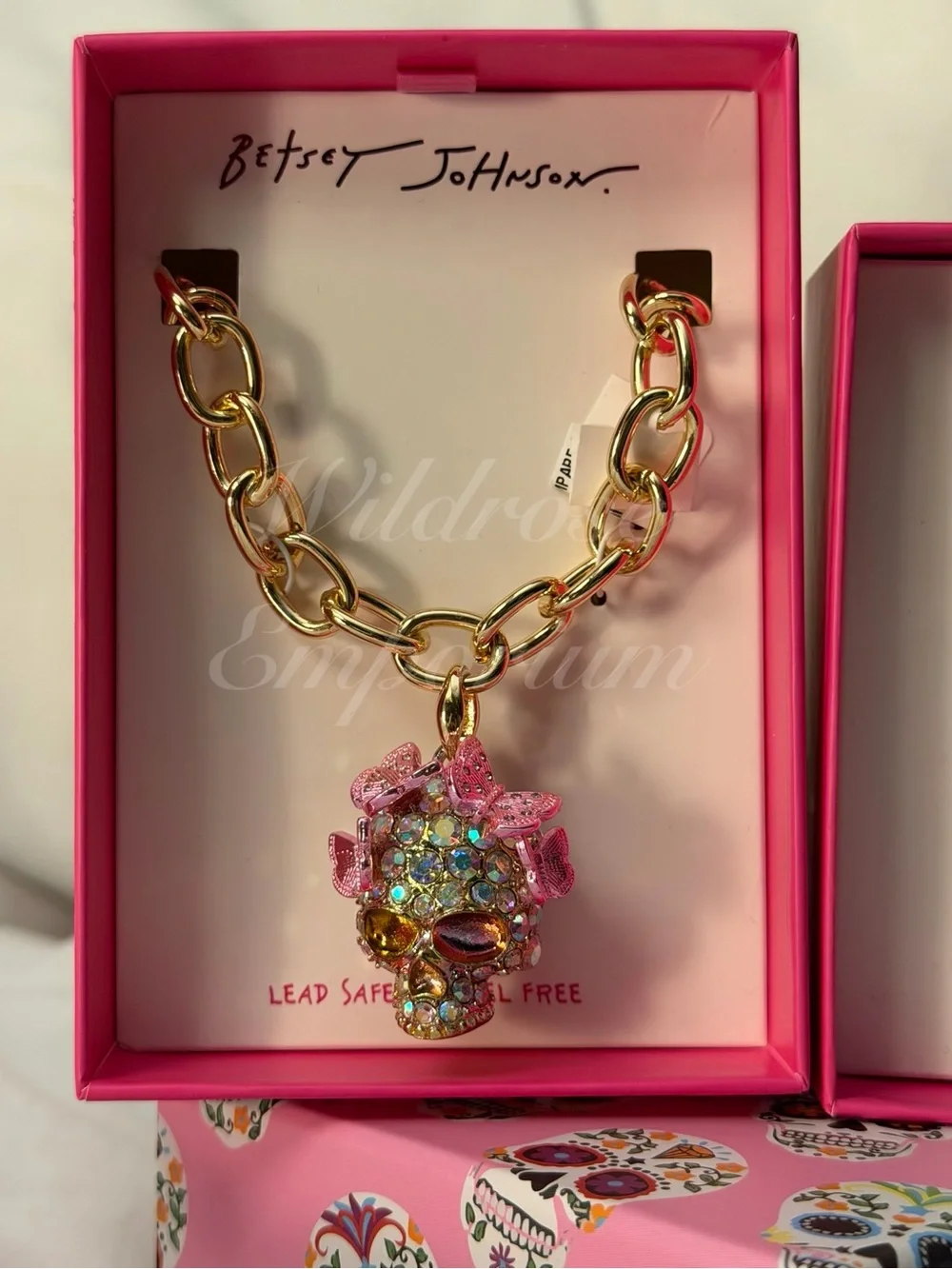 Betsey Johnson Halloween beautiful Sugar Skull pink butterfly necklace earrings